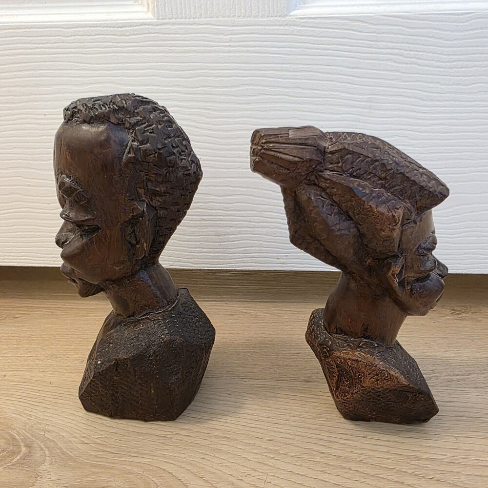 Vintage African Brown Wooden Man & Woman Tribal Folk Art Head Bust Sculptures - Picture 6 of 6